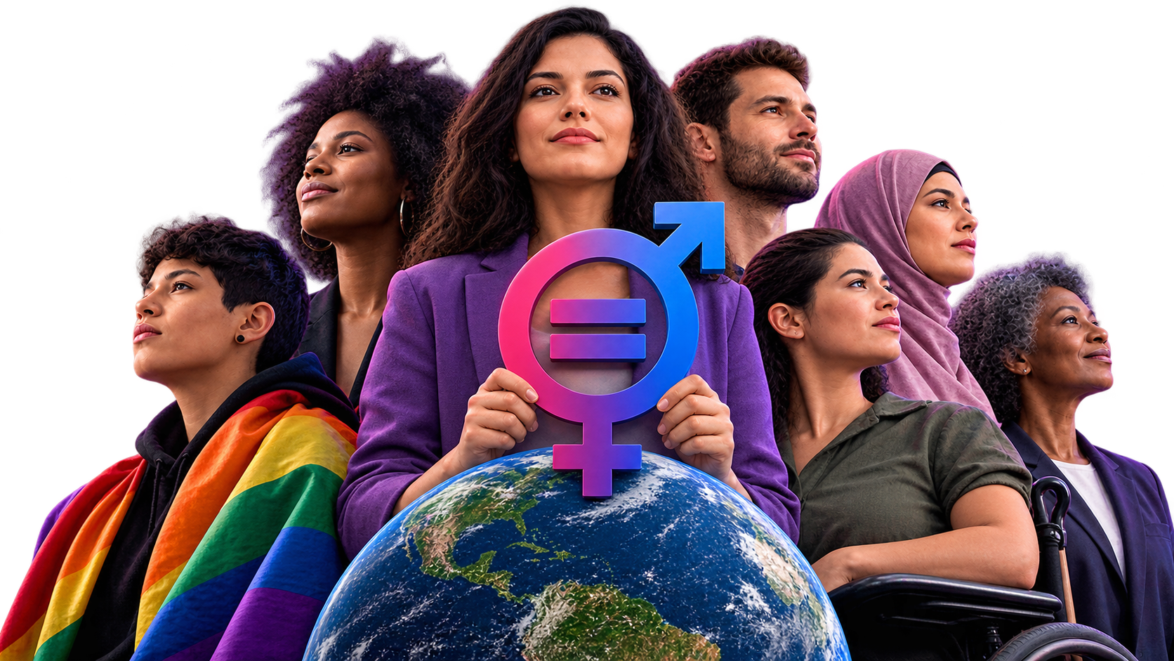 Grupo diverso de pessoas representando igualdade de gênero em todos os aspectos